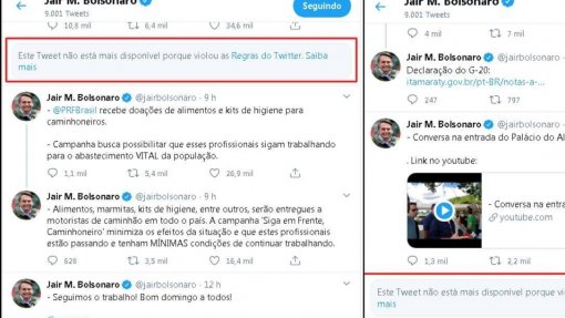 Covid-19: Twitter apaga vídeos de Bolsonaro por violarem recomendações para se conter surto