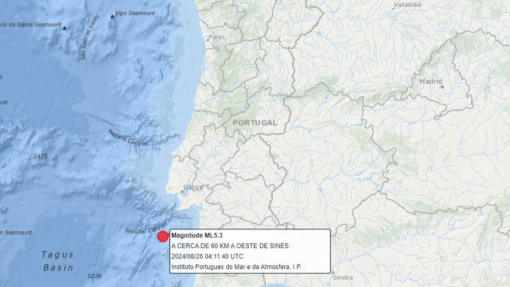 Sismo de magnitude 5,3 na escala de Richter registado ao largo de Sines